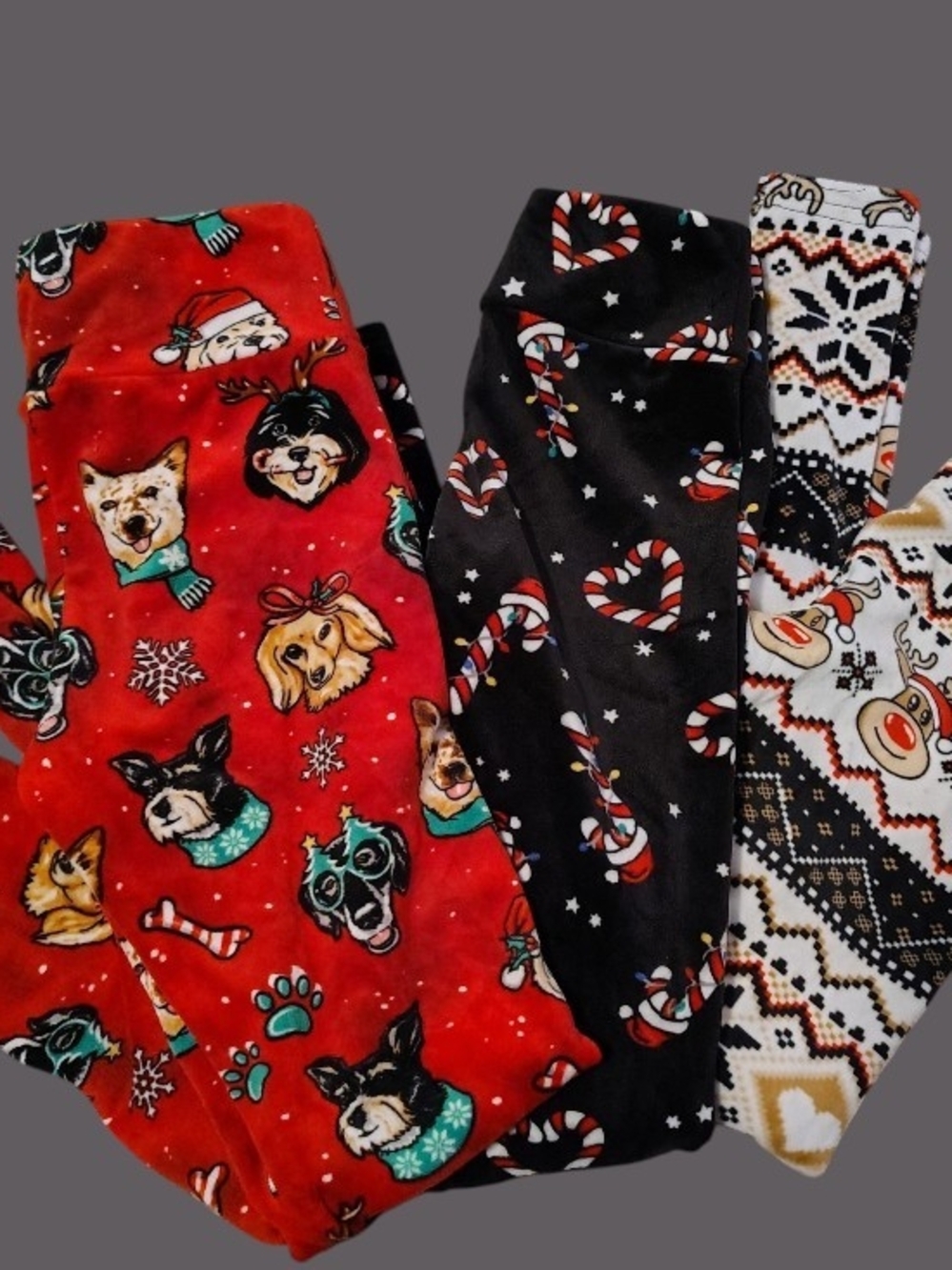Holiday Dog & Candy Cane Printed Leggings - Red & Black